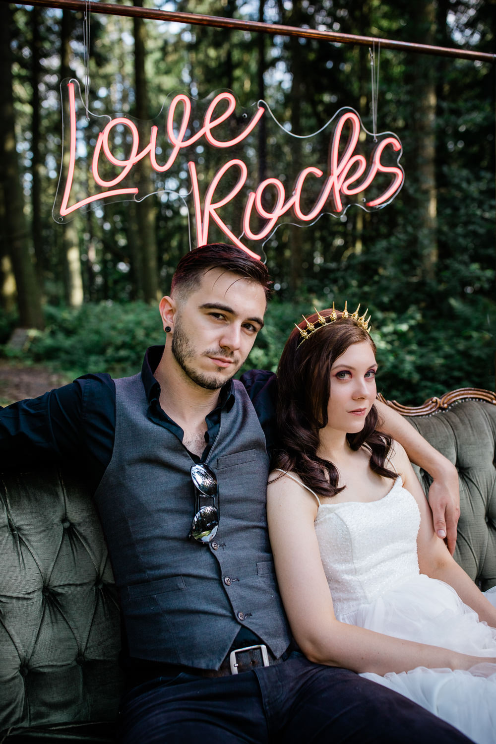 Velvet Sofa Neon Sign Love Rocks Non Traditional Wedding Ideas Becky Wright