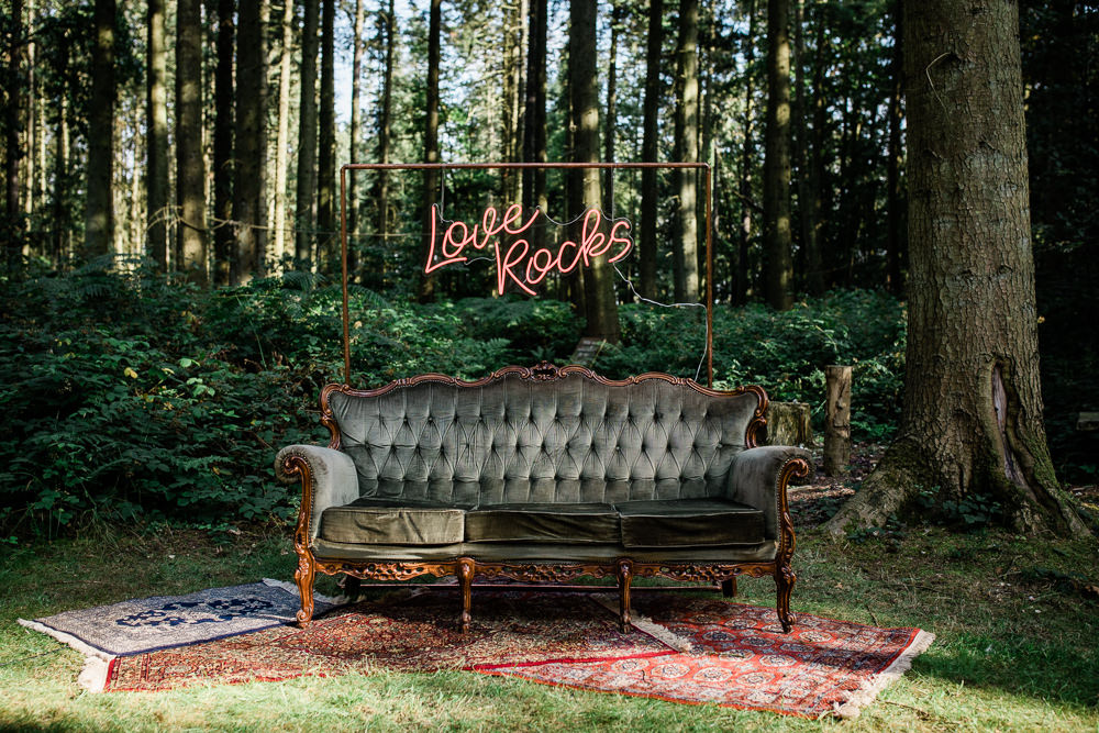 Velvet Sofa Neon Sign Love Rocks Non Traditional Wedding Ideas Becky Wright