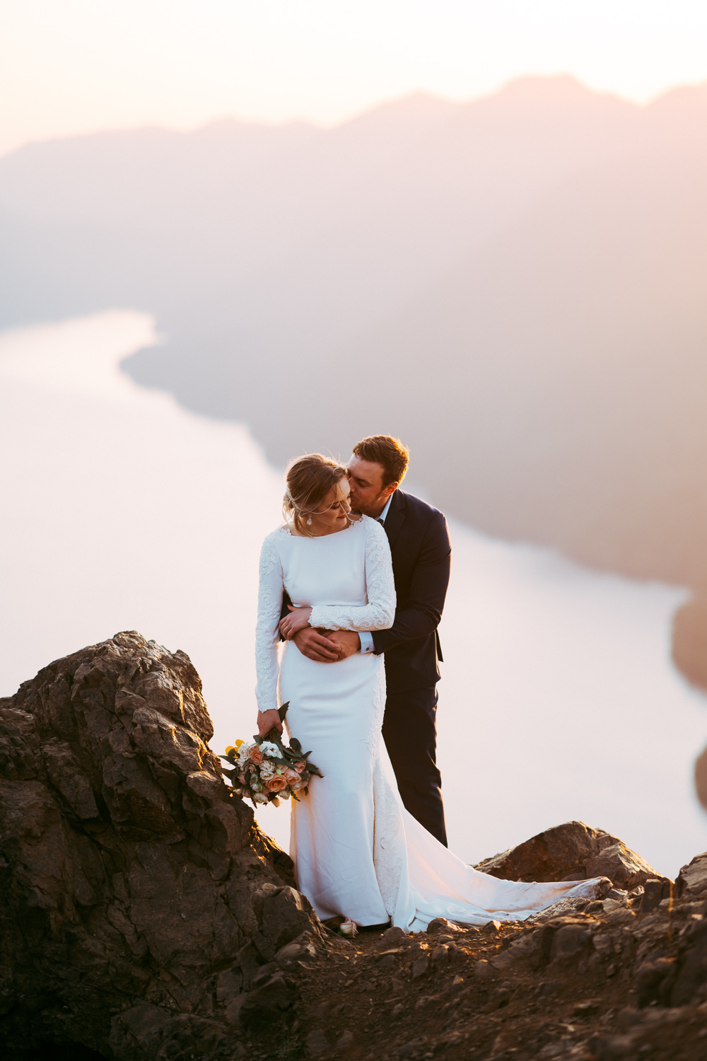 Dress Gown Bride Bridal Fit Flare Long Sleeves Olympic National Park Elopement The Foxes Photography