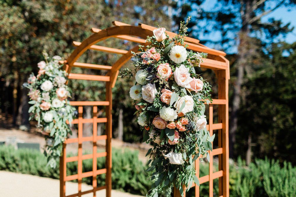 Outdoor Ceremony Flower Arch Pacific Coast Wedding Mallory Miya Photography