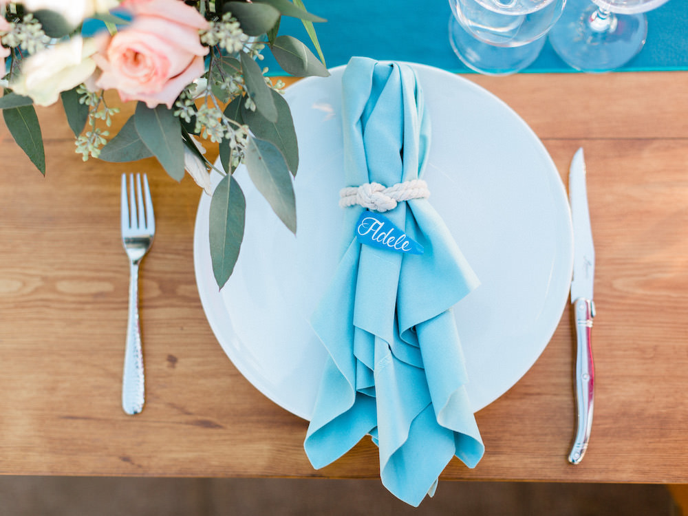 Blue Napkin Place Setting Pacific Coast Wedding Mallory Miya Photography