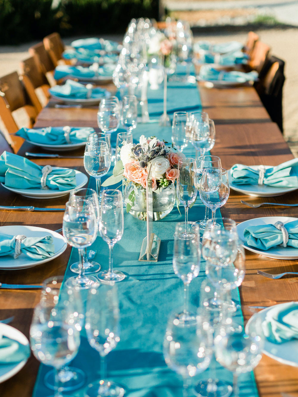 Blue Table Runner Cloth Pacific Coast Wedding Mallory Miya Photography