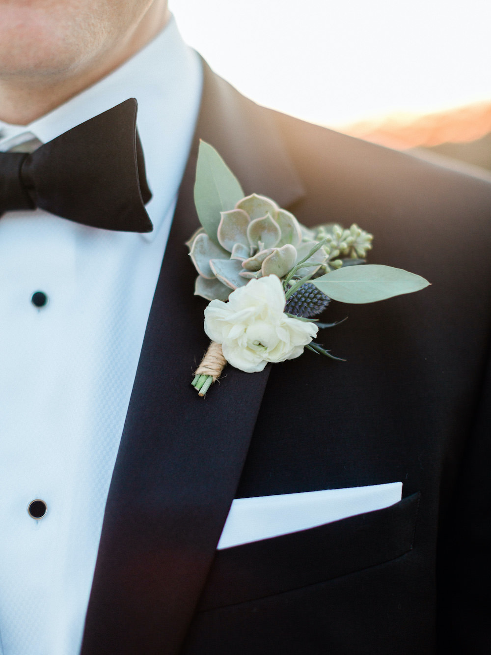 Groom Tux Tuxedo Suit Bow Tie Buttonhole Pacific Coast Wedding Mallory Miya Photography