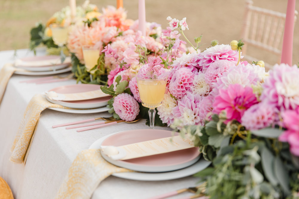 Table Tablescape Decor Flowers Ombre Pink Orange Yellow Candles Rainbow Wedding Ideas Michelle Huggleston Photography