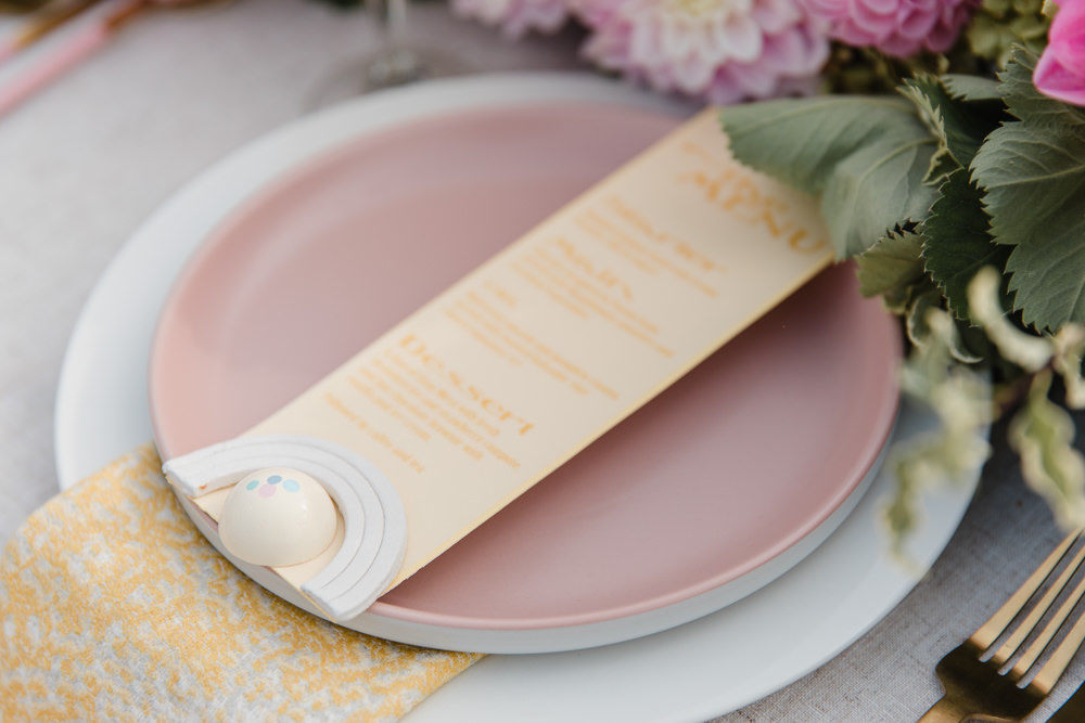 Place Setting Decor Pink Plate Menu Favour Rainbow Wedding Ideas Michelle Huggleston Photography