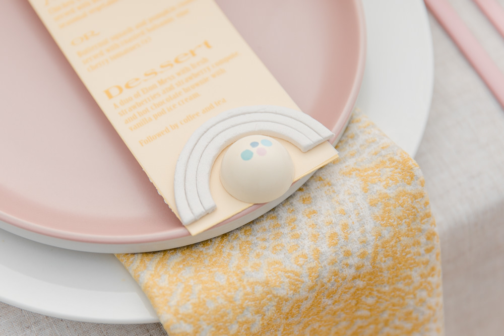 Place Setting Decor Pink Plate Menu Favour Rainbow Wedding Ideas Michelle Huggleston Photography