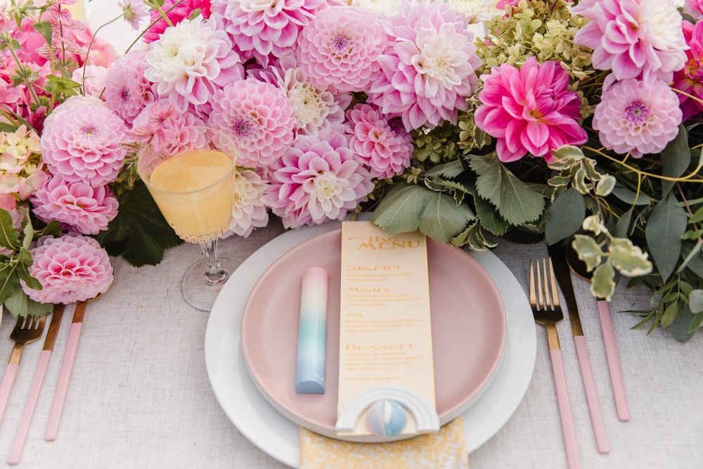 Place Setting Decor Pink Plate Menu Favour Rainbow Wedding Ideas Michelle Huggleston Photography