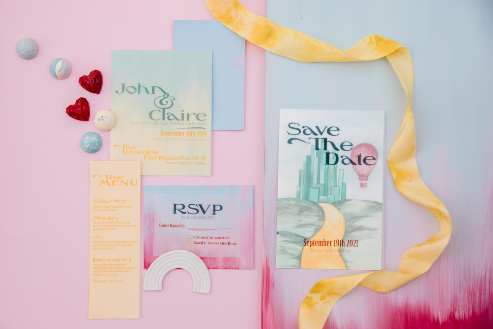 Stationery Invite Invitations Pastel Rainbow Wedding Ideas Michelle Huggleston Photography