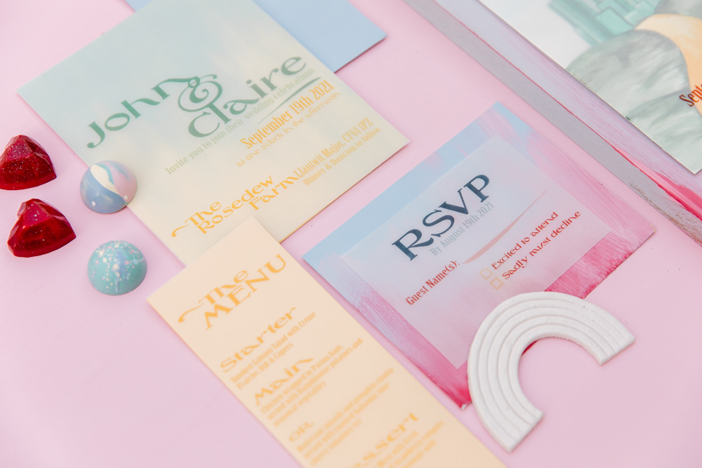 Stationery Invite Invitations Pastel Rainbow Wedding Ideas Michelle Huggleston Photography