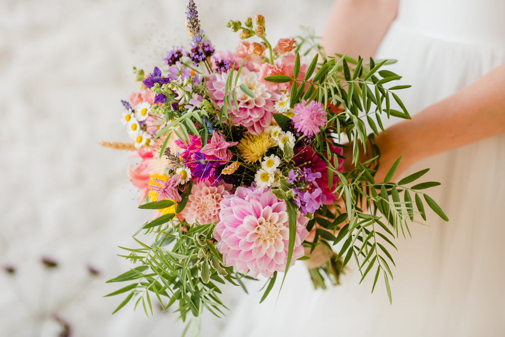 Bouquet Flowers Bride Bridal Dahlia Colourful Rainbow Wedding Ideas Michelle Huggleston Photography