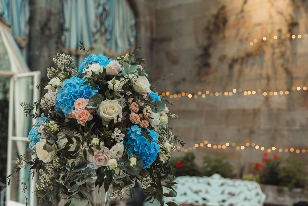 Flowers Centrepiece Decor Blue Cream Peach Rose Hydrangea September 2020 Wedding James Merrick Photography