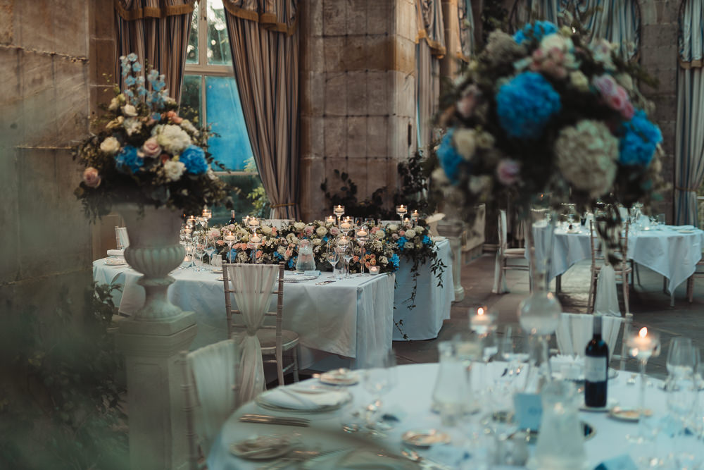 Flowers Centrepiece Decor Blue Cream Peach Rose Hydrangea September 2020 Wedding James Merrick Photography