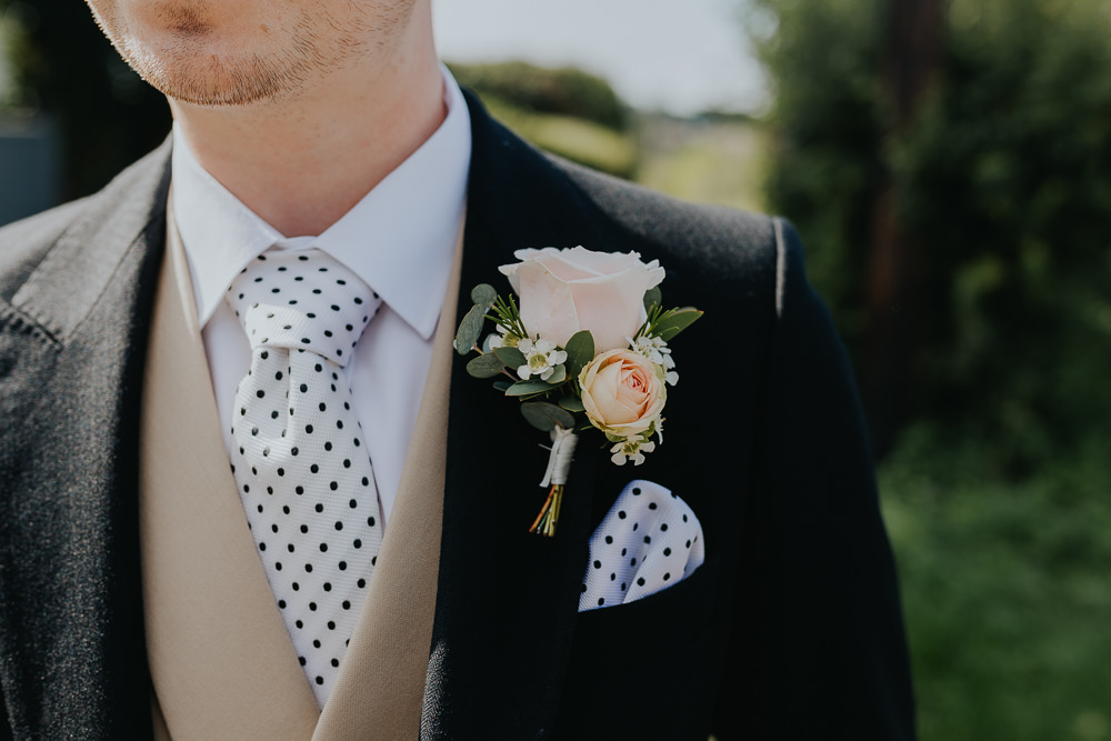 Groom Suit Traditional Waistcoat Polka Dot Tie Buttonhole September 2020 Wedding James Merrick Photography