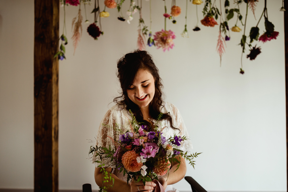 Bride Bridal Bouquet Flowers Purple Orange Sheffield Manor Lodge Wedding Fly On The Wall Photography