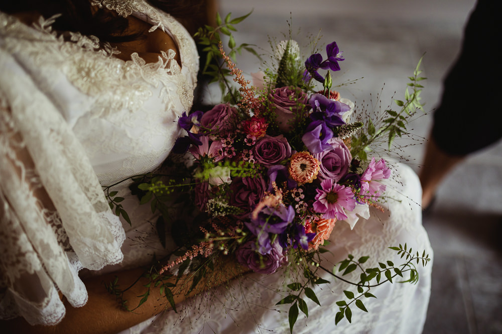 Bride Bridal Bouquet Flowers Purple Orange Sheffield Manor Lodge Wedding Fly On The Wall Photography
