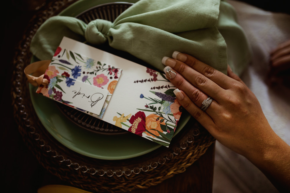 Place Setting Table Decor Green Napkin Floral Stationery Sheffield Manor Lodge Wedding Fly On The Wall Photography