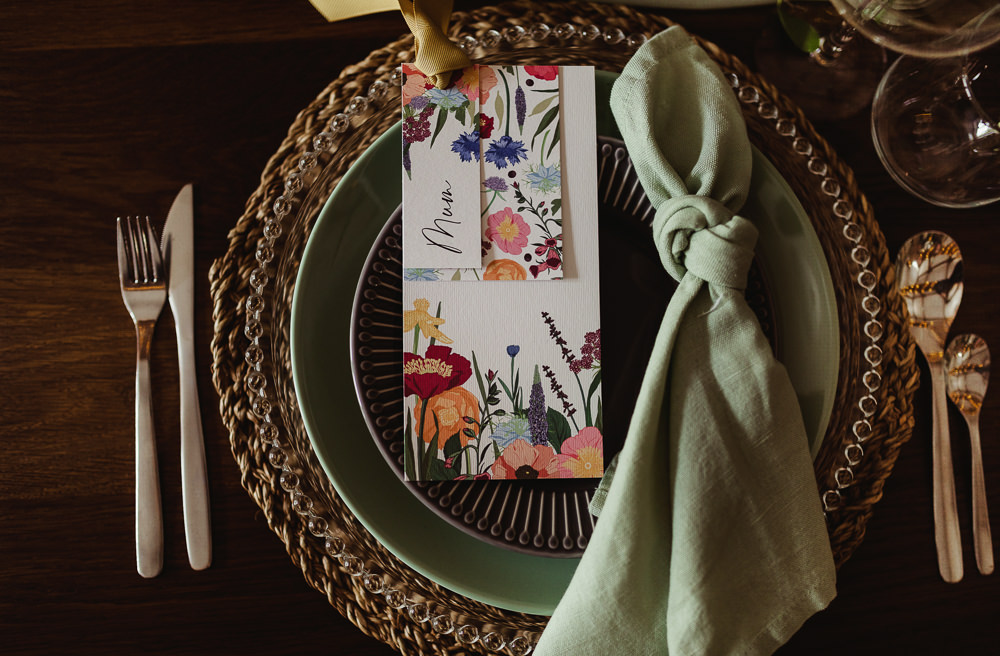 Place Setting Table Decor Green Napkin Floral Stationery Sheffield Manor Lodge Wedding Fly On The Wall Photography