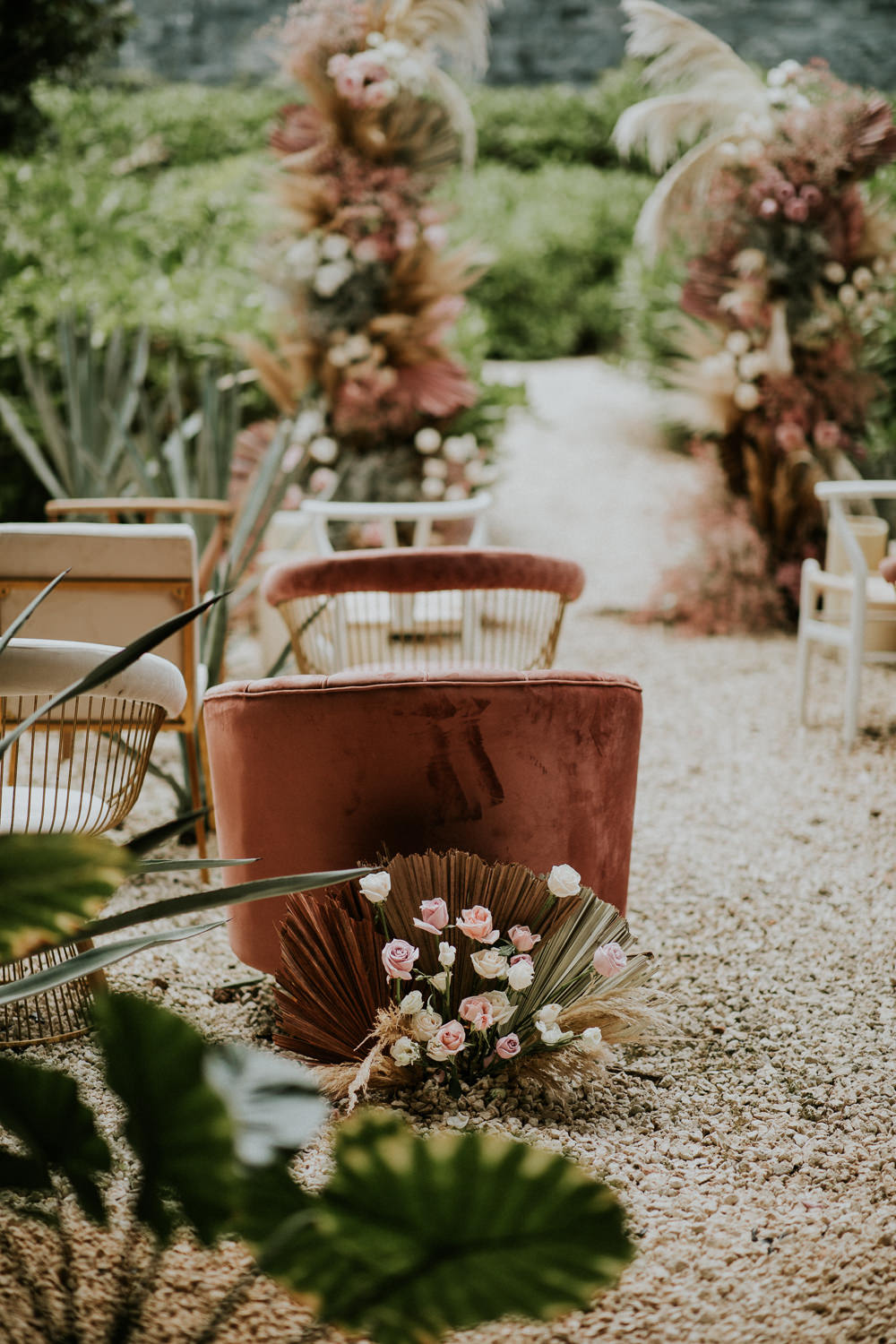 Ceremony Velvet Chairs Flower Arch Installation Stylish Pink Wedding Ideas Luke Fotoliv