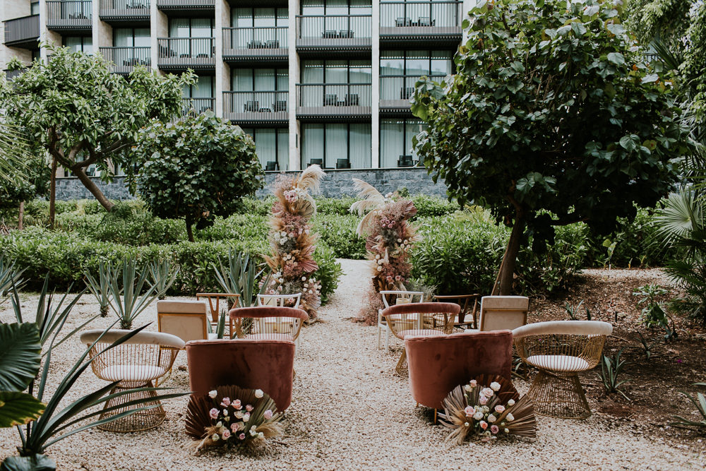 Ceremony Velvet Chairs Flower Arch Installation Stylish Pink Wedding Ideas Luke Fotoliv