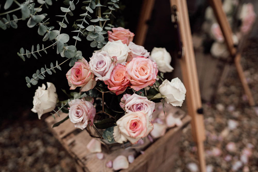 Thirty Guest Wedding Fox and Beau Photography Flowers Wooden Crate Decor