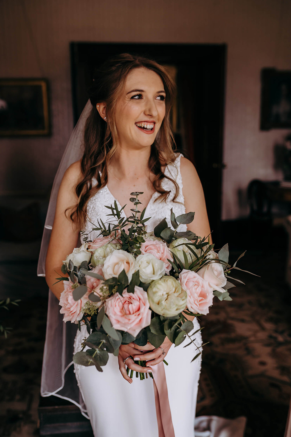 Thirty Guest Wedding Fox and Beau Photography Bouquet Flowers Bride Bridal Rose Pink Ivory Ribbon Greenery