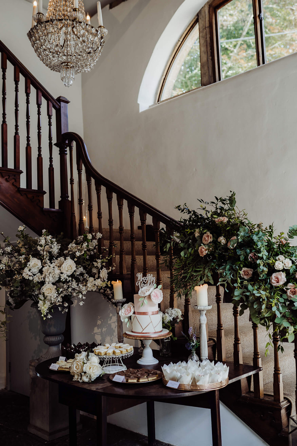 Thirty Guest Wedding Fox and Beau Photography Staircase Flowers Dessert Cake Table