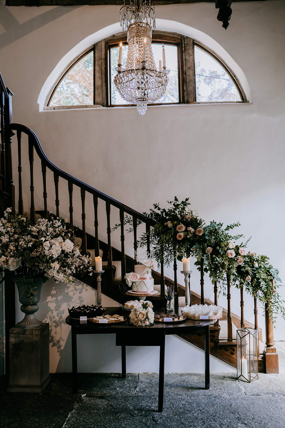 Thirty Guest Wedding Fox and Beau Photography Staircase Flowers Dessert Cake Table