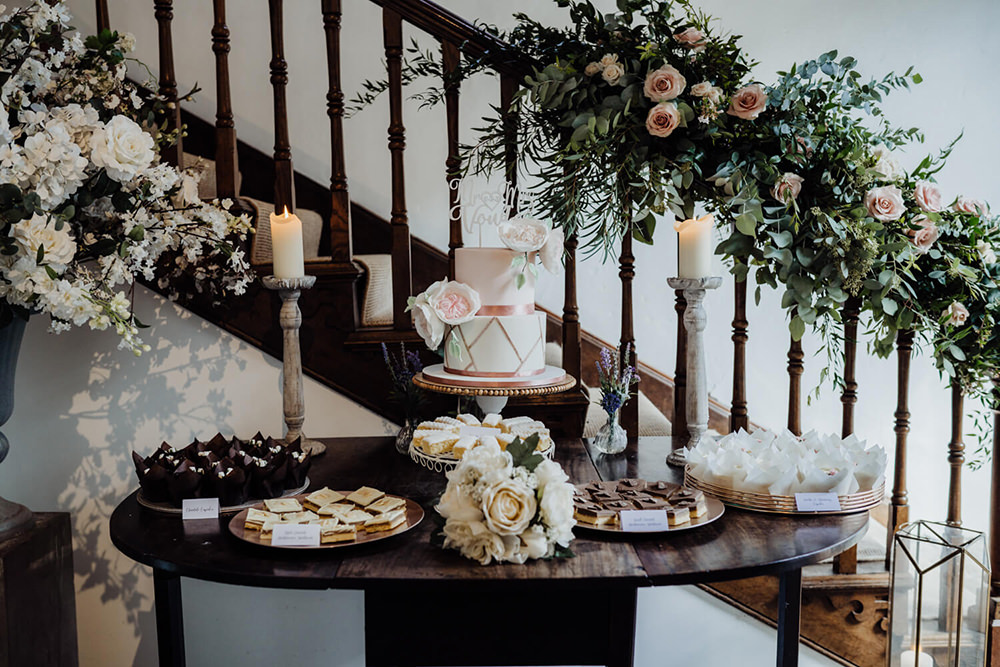 Thirty Guest Wedding Fox and Beau Photography Staircase Flowers Dessert Cake Table