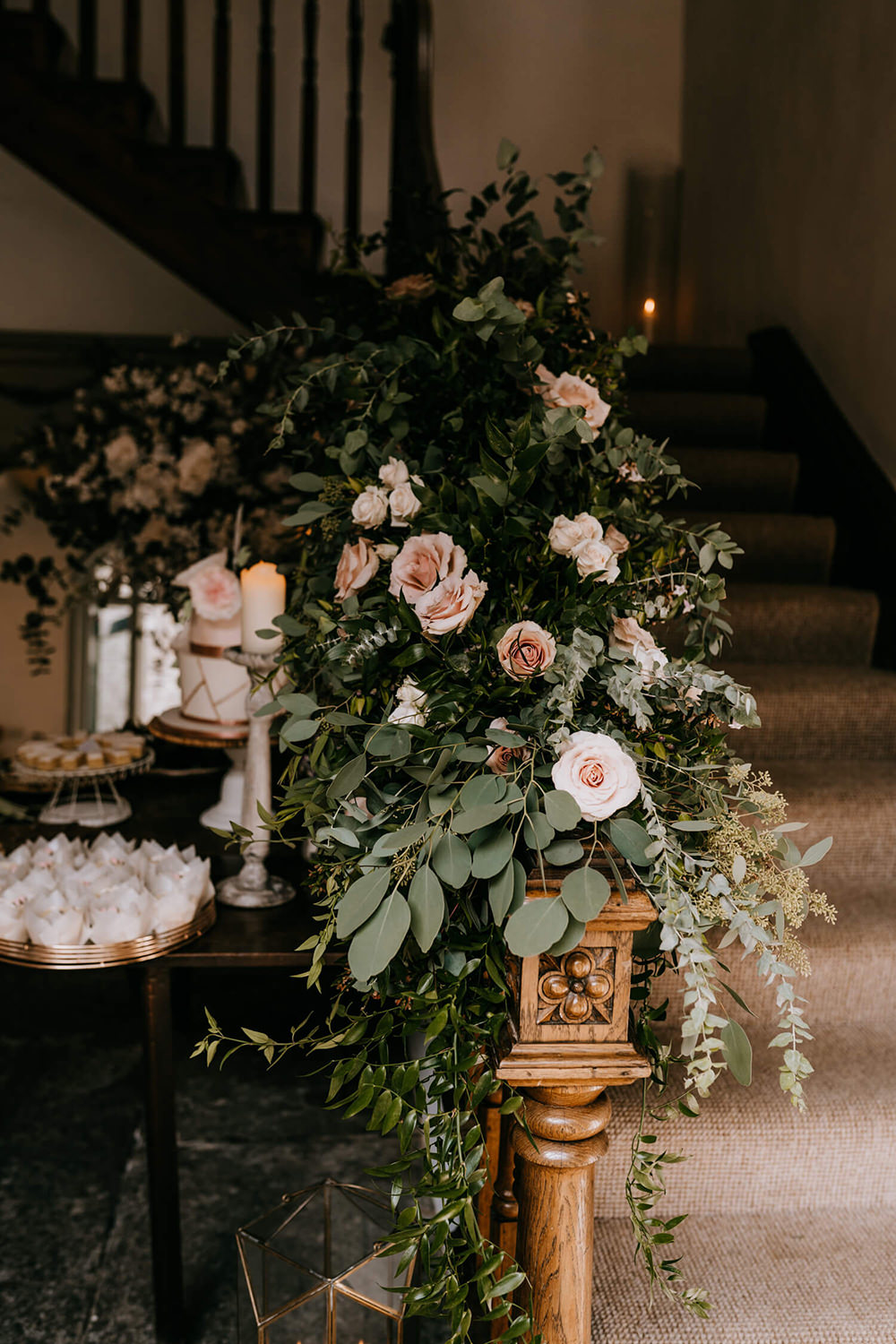 Thirty Guest Wedding Fox and Beau Photography Staircase Flowers