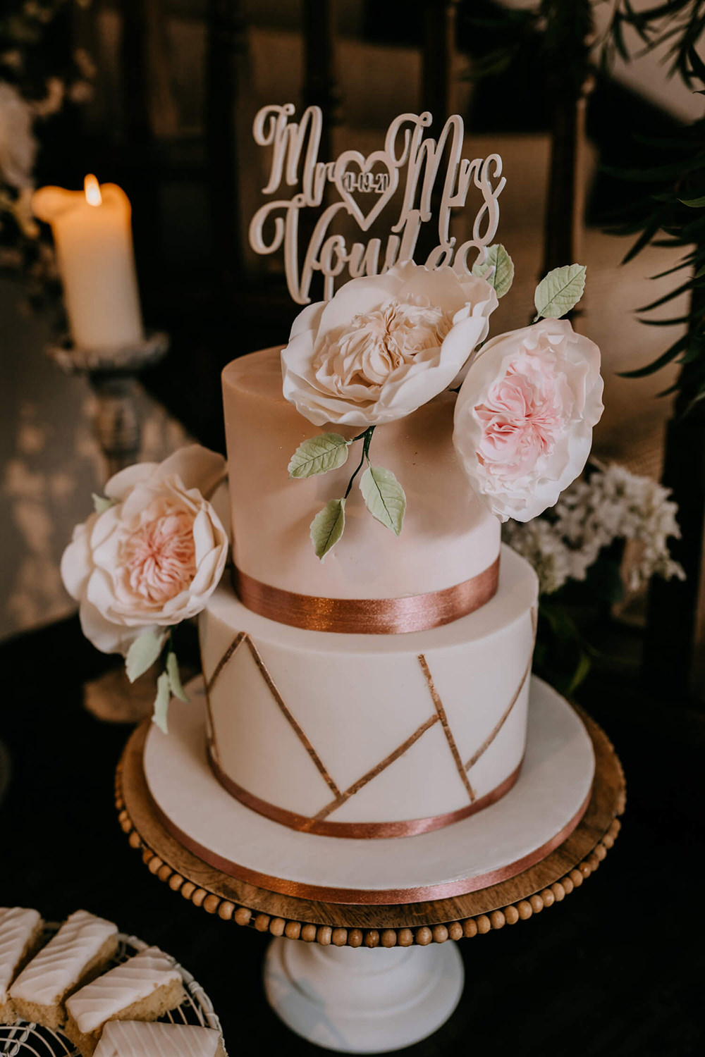Thirty Guest Wedding Fox and Beau Photography Cake Gold Geometric Flowers Topper