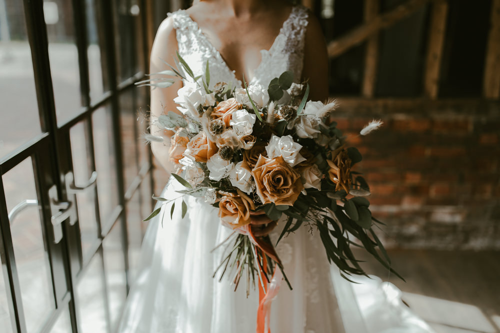 Bouquet Flowers Bride Bridal Orange Blush Rose Ribbon Vineyard Wedding Ideas Jasmine Andrews