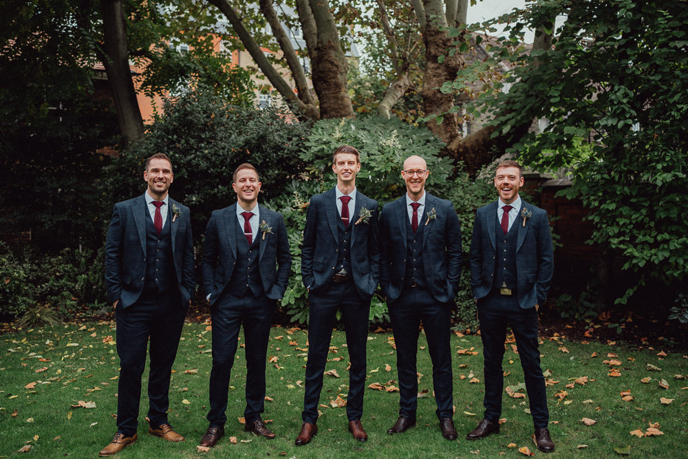 Groom Groomsmen Suit Dark Red Burgundy Tie Winchester House Wedding Emily and Steve