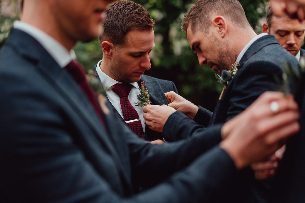 Groom Groomsmen Suit Dark Red Burgundy Tie Winchester House Wedding Emily and Steve