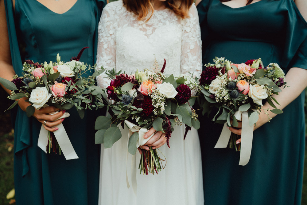 Bouquet Flowers Bride Bridal Autumn Astilbe Dahlia Thistle Red Burgundy Bridesmaid Winchester House Wedding Emily and Steve
