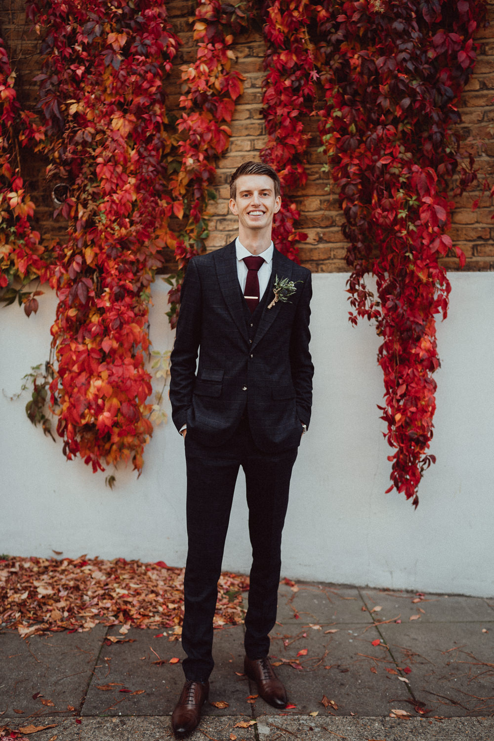 Groom Groomsmen Suit Dark Red Burgundy Tie Winchester House Wedding Emily and Steve