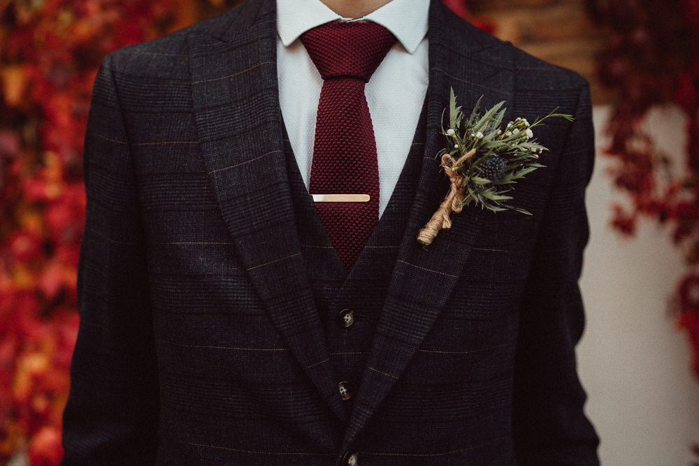 Groom Groomsmen Suit Dark Red Burgundy Tie Buttonhole Flowers Winchester House Wedding Emily and Steve