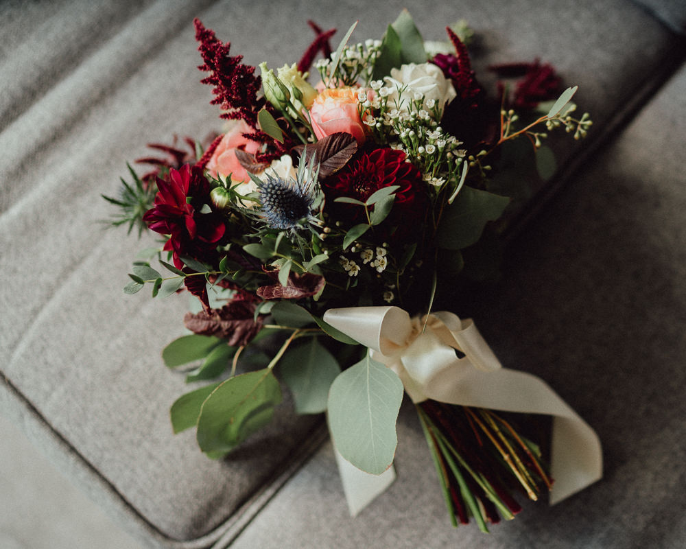 Bouquet Flowers Bride Bridal Autumn Astilbe Dahlia Thistle Red Burgundy Winchester House Wedding Emily and Steve