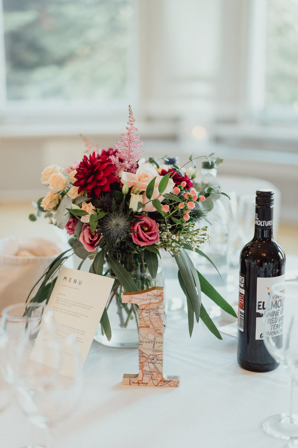 Table Flowers Centrepiece Burgundy Dahlia Winchester House Wedding Emily and Steve