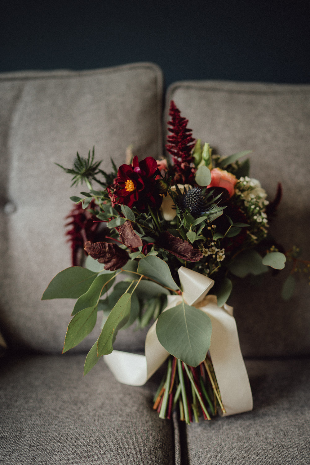 Bouquet Flowers Bride Bridal Autumn Astilbe Dahlia Thistle Red Burgundy Winchester House Wedding Emily and Steve