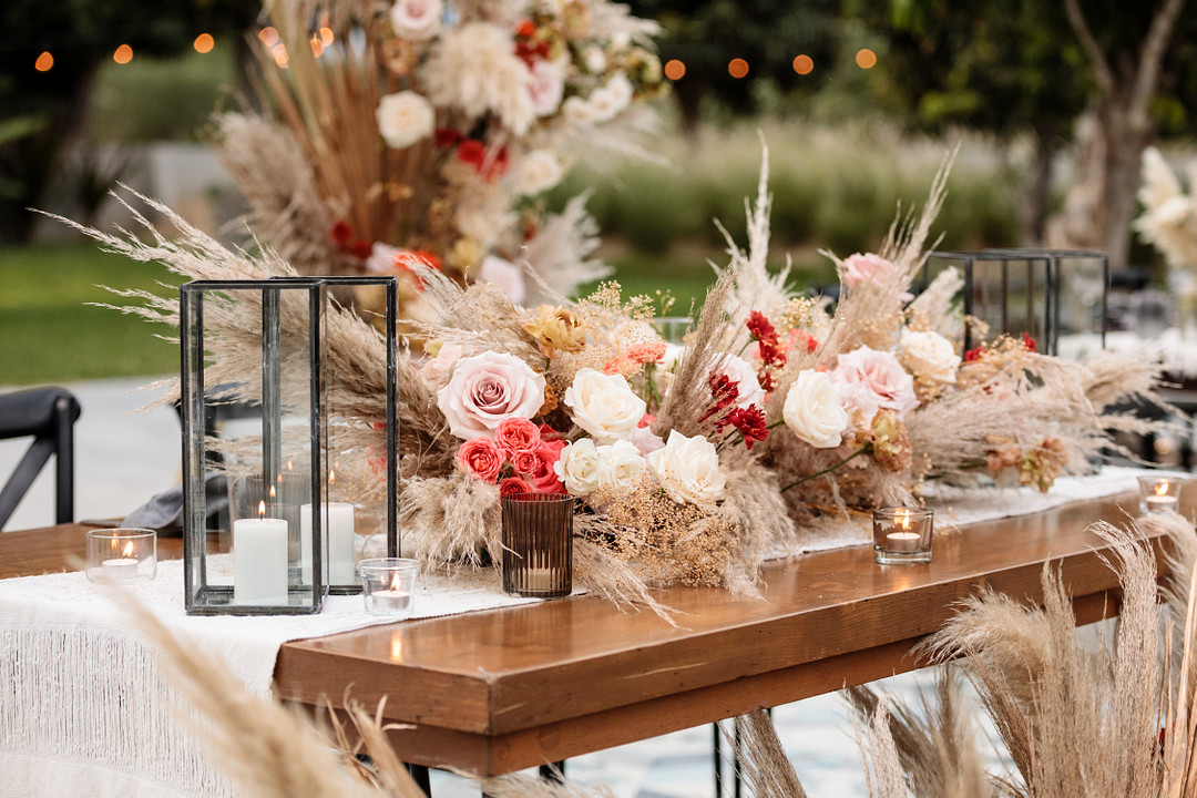 Acre Baja Wedding Anna Gomes Photo Table Decor Flowers Orange Pampas Grass Candles Acre Baja Wedding Anna Gomes Photo