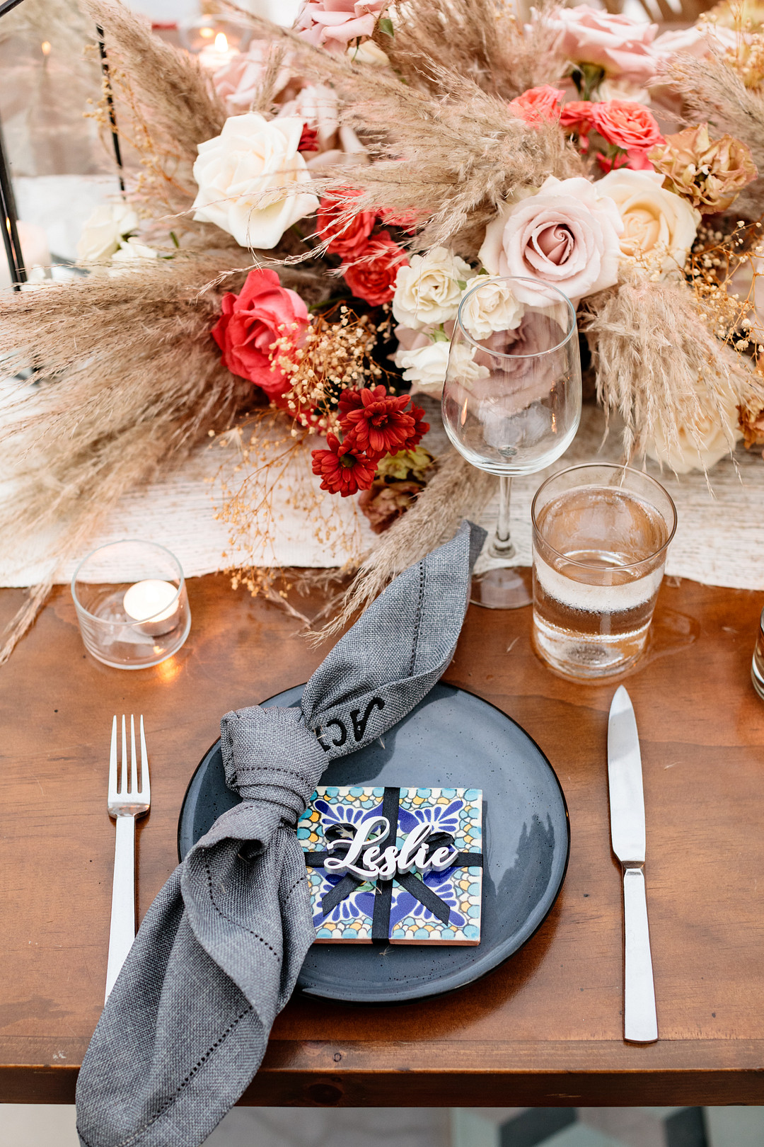 Acre Baja Wedding Anna Gomes Photo Table Decor Flowers Orange Pampas Grass Candles Place Setting