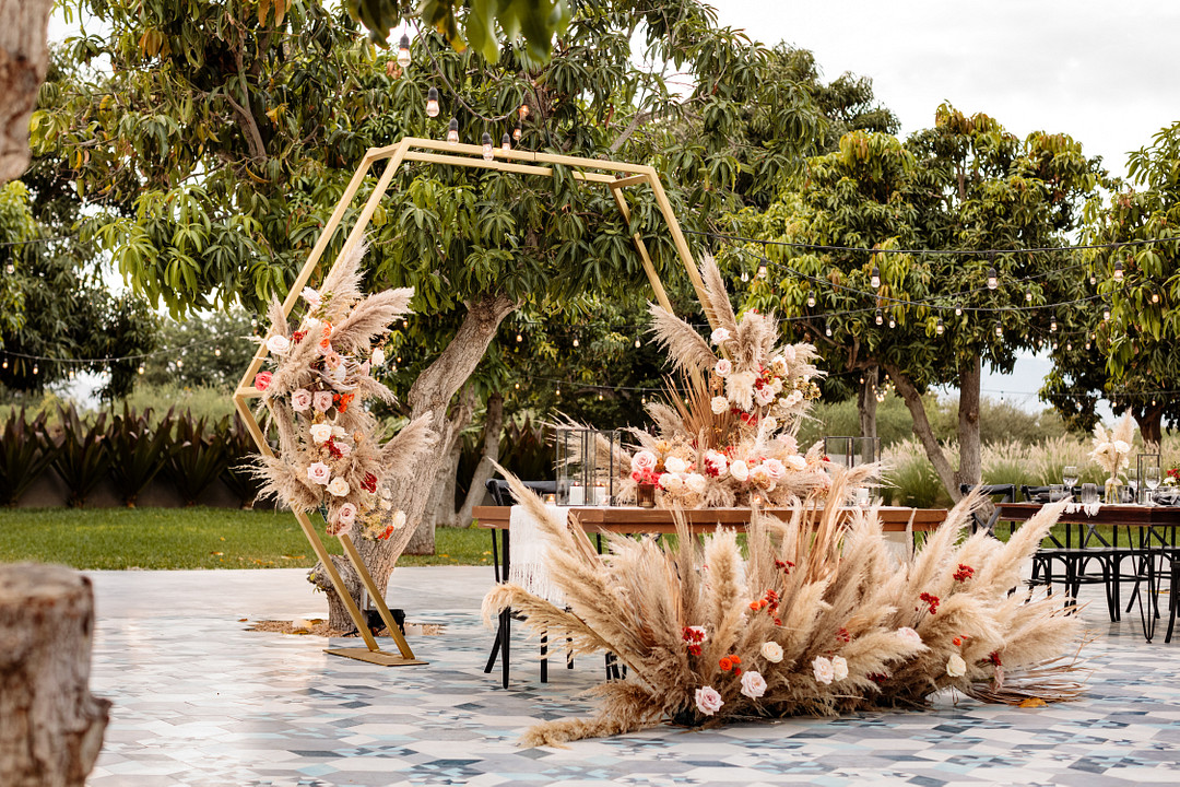 Acre Baja Wedding Anna Gomes Photo Sweetheart Table Hexagon Arch Pampas Grass