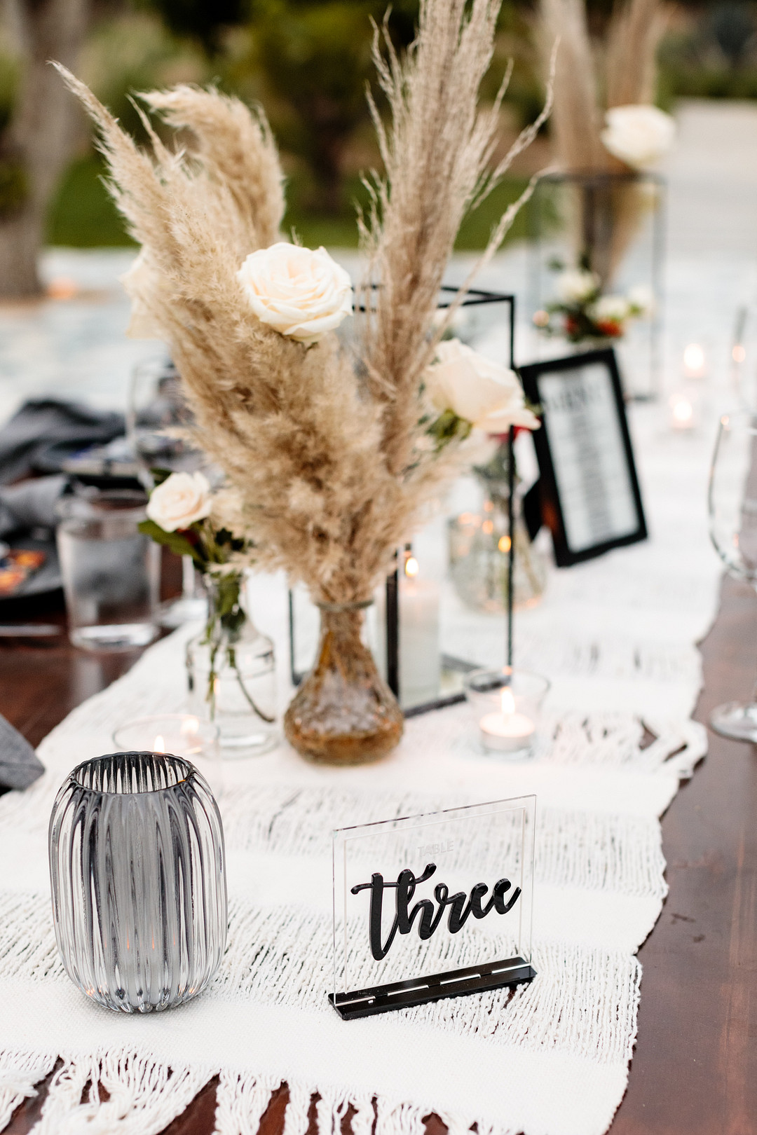 Acre Baja Wedding Anna Gomes Photo Table Decor Flowers Orange Pampas Grass Candles