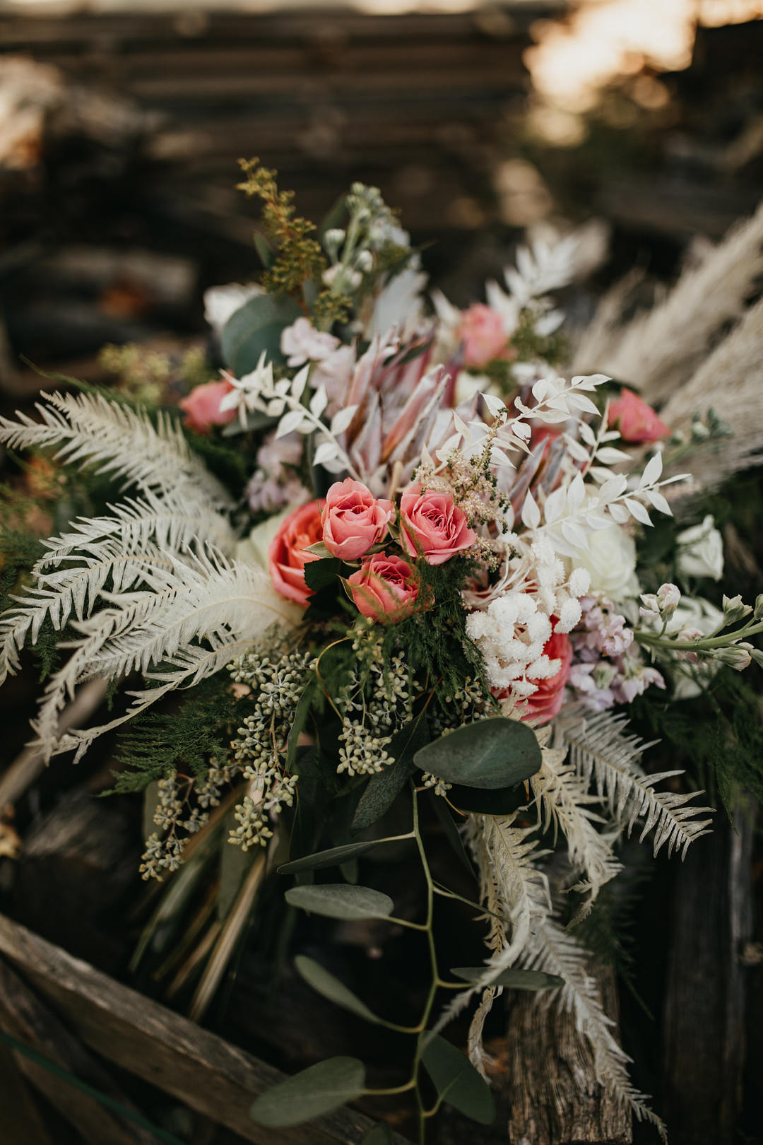 Backyard Woodland Wedding A&M Photography Bouquet Flowers Bride Bridal Grass Ecualyptus Pink Rose