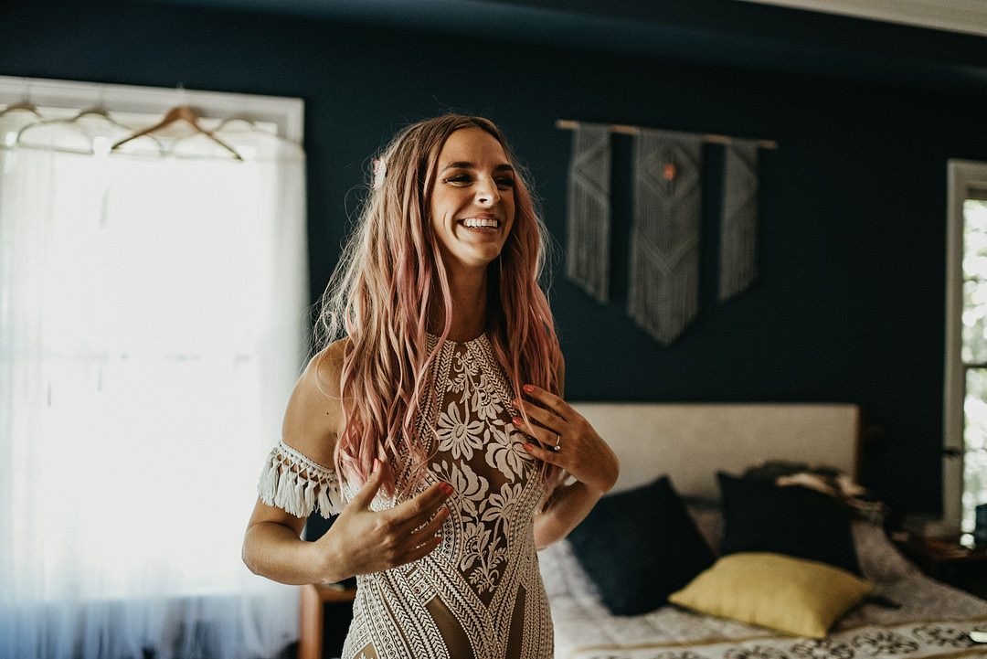Dress Gown Bride Bridal Rue De Seine Boho Lace Fringe Backyard Woodland Wedding A&M Photography