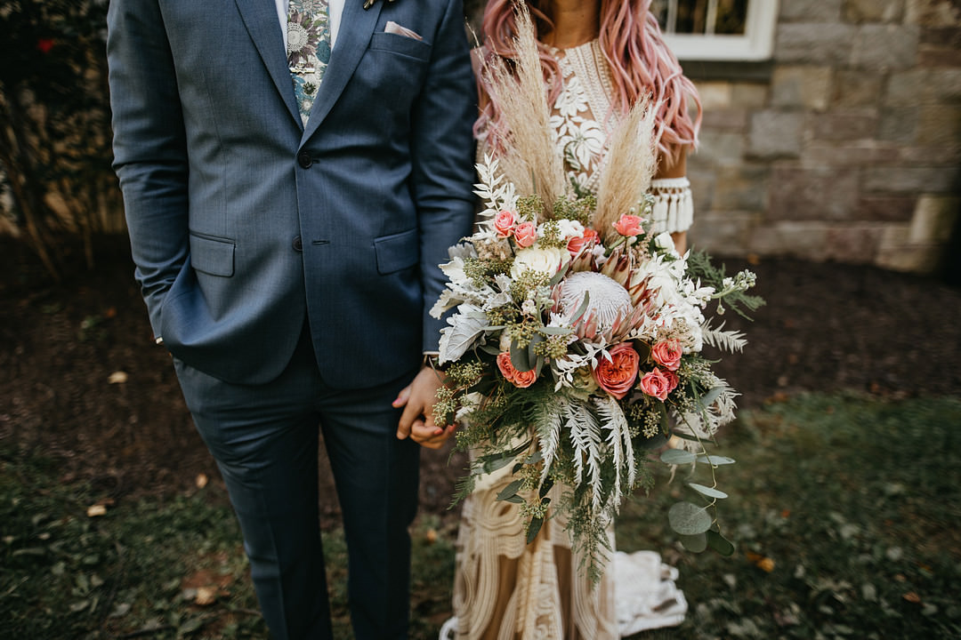Bouquet Flowers Bride Bridal Pampas Grass Ecualyptus Pink Rose Backyard Woodland Wedding A&M Photography