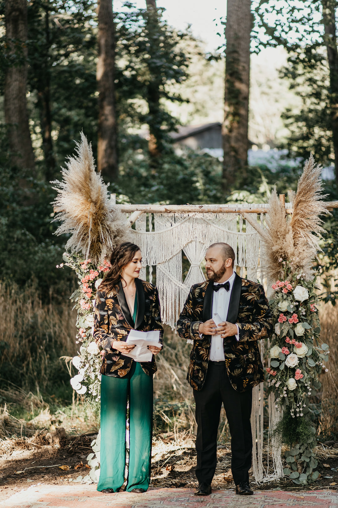 Flower Arch Macrame Pampas Grass Backyard Woodland Wedding A&M Photography