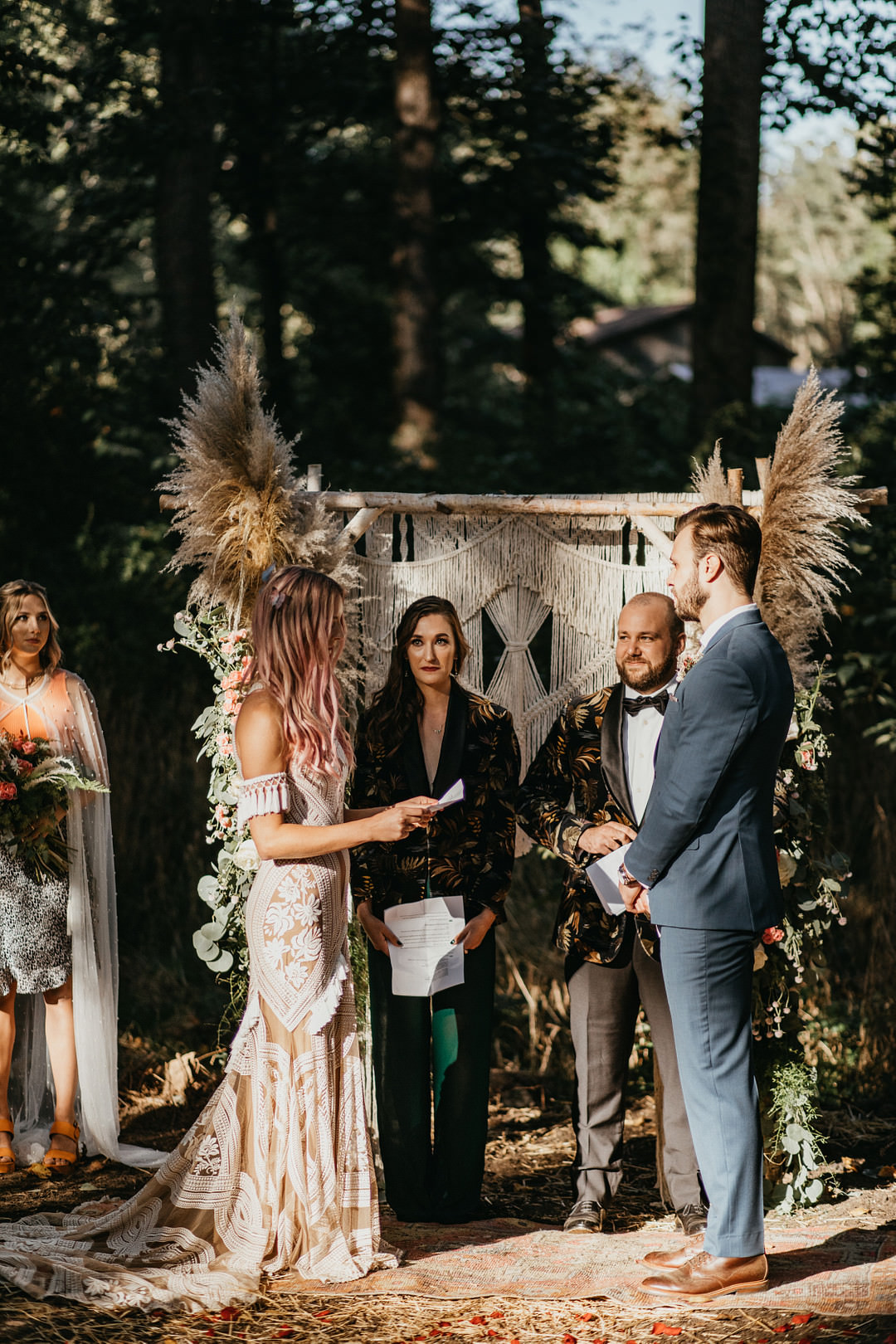 Flower Arch Macrame Pampas Grass Backyard Woodland Wedding A&M Photography