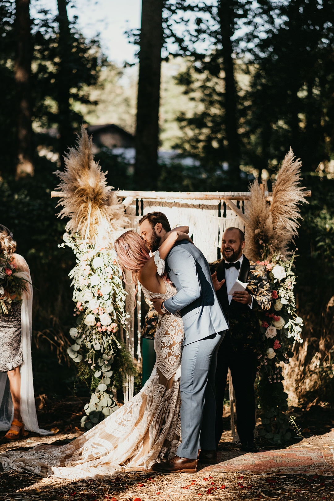 Flower Arch Macrame Pampas Grass Backyard Woodland Wedding A&M Photography