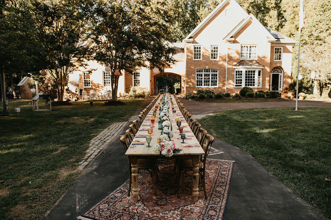 Long Wooden Table Decor Rustic Colourful Backyard Woodland Wedding A&M Photography